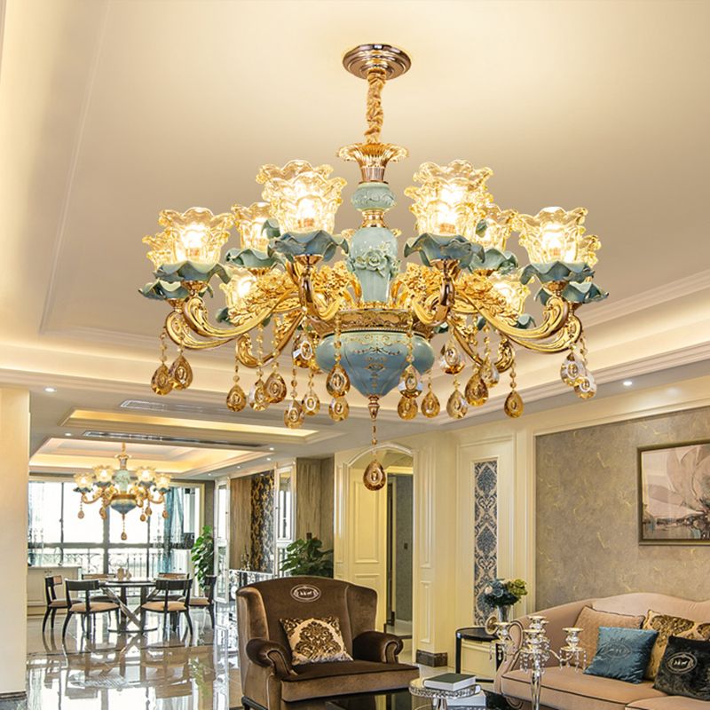 Handblown Glass Blue Chandelier Light Ruffle Flower Retro Pendant Light with Crystal Draping