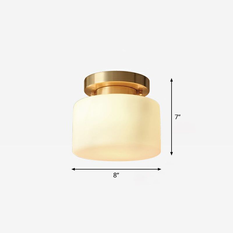 Minimalist Cylindrical Semi Flush Mount Lamp 1 Head Cream Glass Ceiling Light in Brass for Foyer