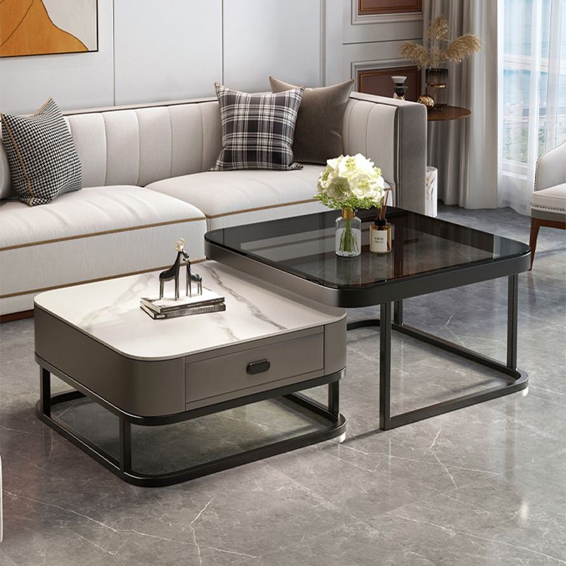 Modern 2 Nesting Glass Coffee Table Set Steel Frame Base 1 - Drawer Cocktail Table