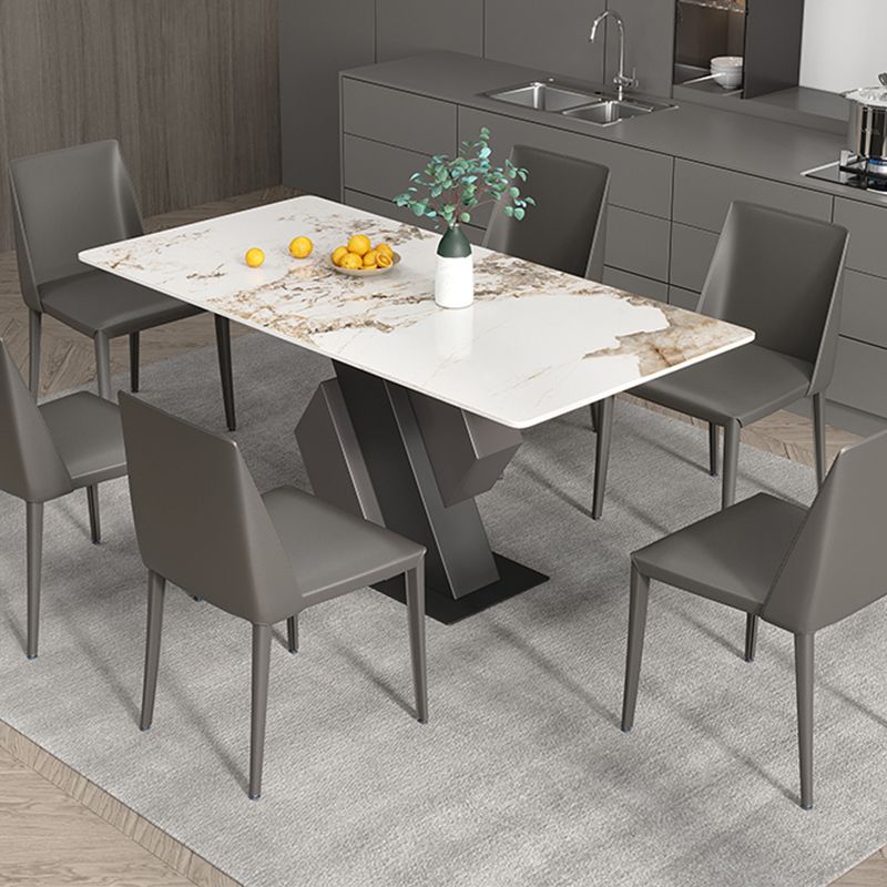 Industrial Sintered Stone Dining Table Rectangle Table with Metal Pedestal Base