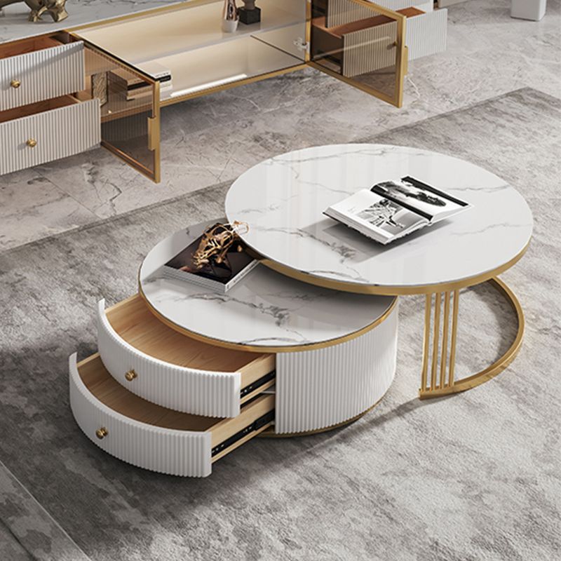 Slate/Glass Top Coffee Table with 2 Storage Drawers Modern Round