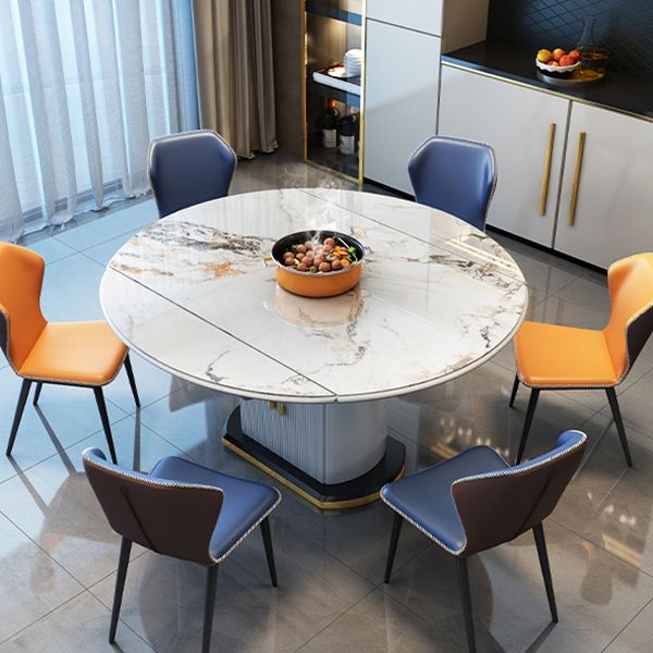 Modern Extendable Dining Table White Round Stone Tabletop with Storage