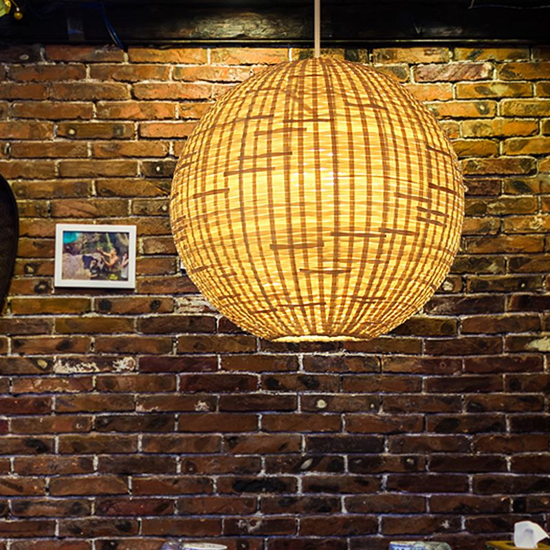 Spherical Pendant Ceiling Light Asian Bamboo 1 Bulb Beige Suspension Lighting for Restaurant