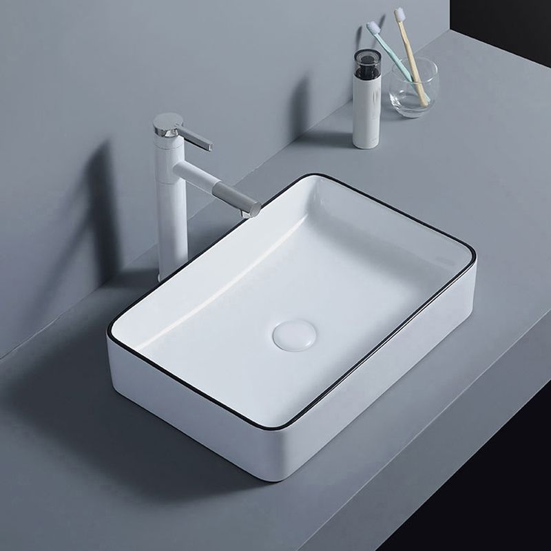 Modern Bathroom Sink with Single Faucet Hole Porcelain Rectangular Vessel Bathroom Sink