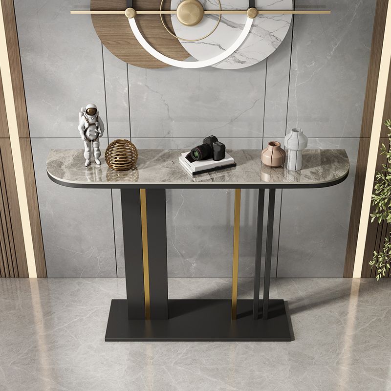 Modern Half Moon Console Table with Stone Top and Iron Pedestal Base