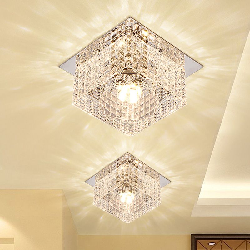 Iluminación LED de montaje empotrado de cristal transparente, lámpara de techo de pasillo cuadrada cromada moderna con pantalla de cúpula en luz cálida/blanca/multicolor