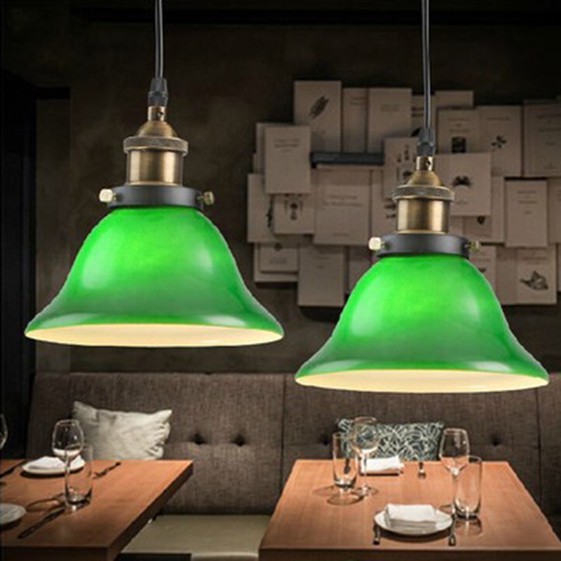 Green 1 Light Bell Pendant Lamp Vintage Industrial Glass Hanging Lamp for Living Room