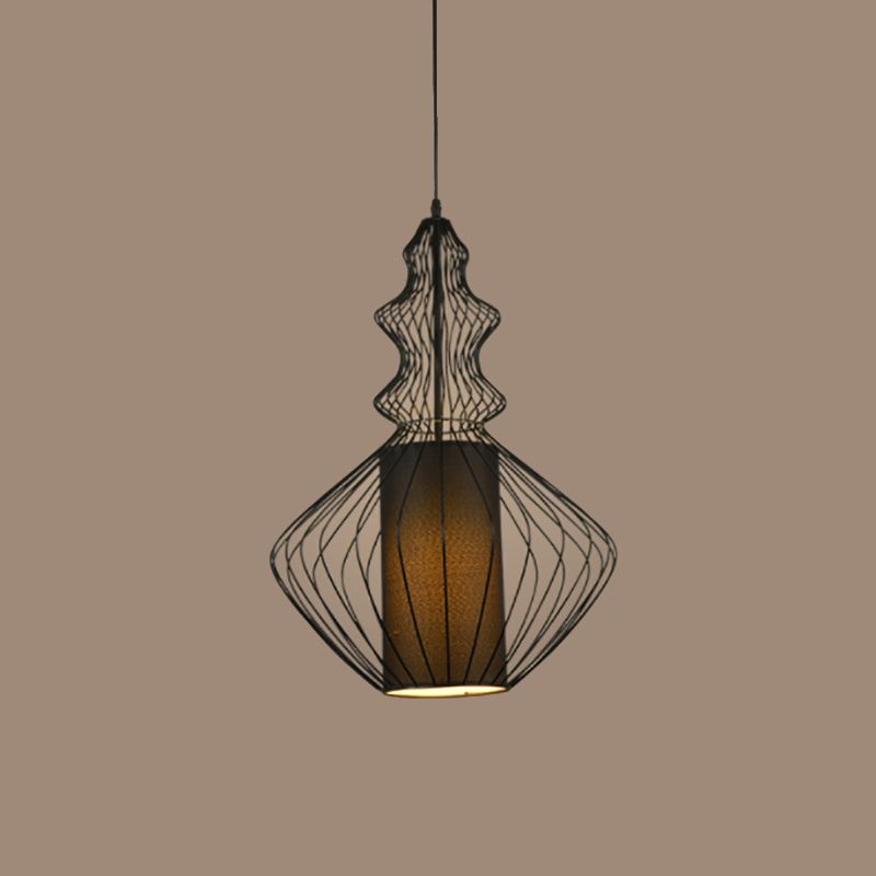 Gourd Shaped Iron Pendant Lighting Retro 1 Bulb Dining Room Ceiling Hanging Lantern with Fabric Shade Inside in Black