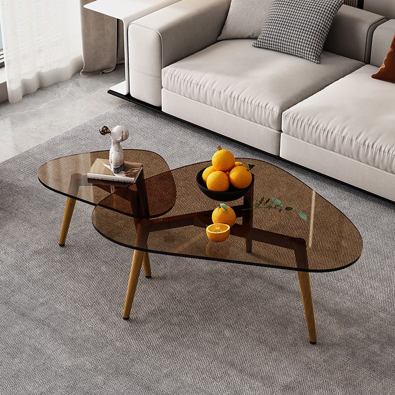 Wood and Glass 3 Legs Coffee Table Modern Triangle Clear Table