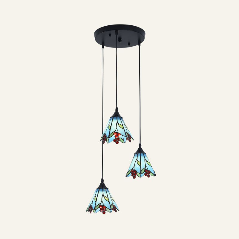 Tiffany-Style Bell Multi Ceiling Lamp 3 Bulbs Handcrafted Glass Suspension Light Fixture