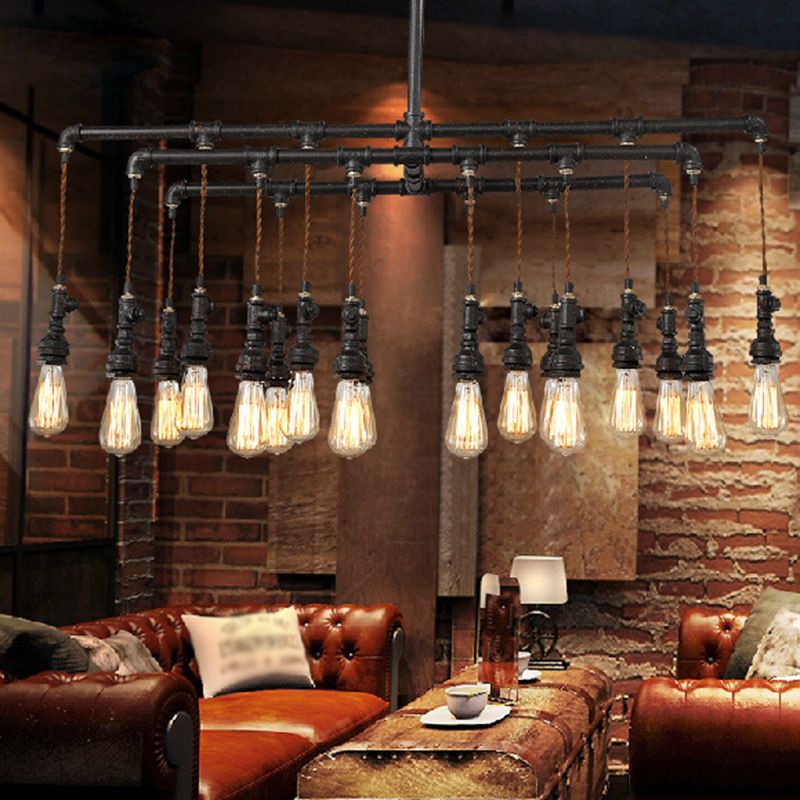 Industrial Plumbing Pipe LED Hanging Lamp Iron Island Chandelier Light in Black for Restaurant