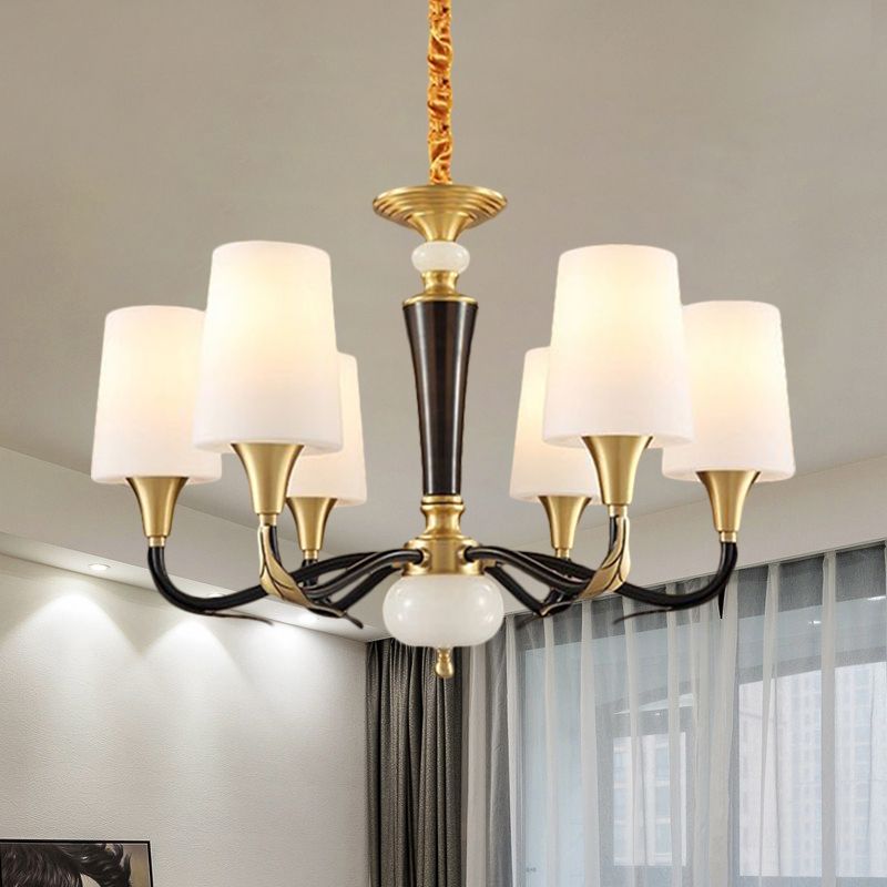 Milky Glass Black Pendulum Lamp Elongated Cone 6-Light Rural Pendant Chandelier for Dining Hall