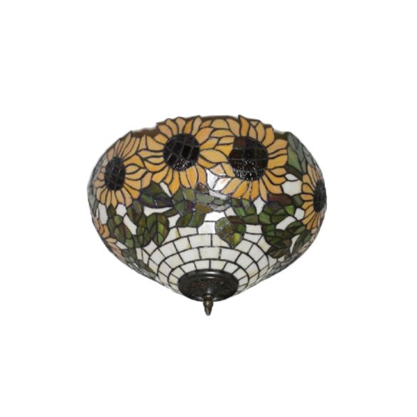Sunflower Pattern Ceiling Light Fixture Tiffany Stained Glass 2 Lights Flushmount Light for Dining Room