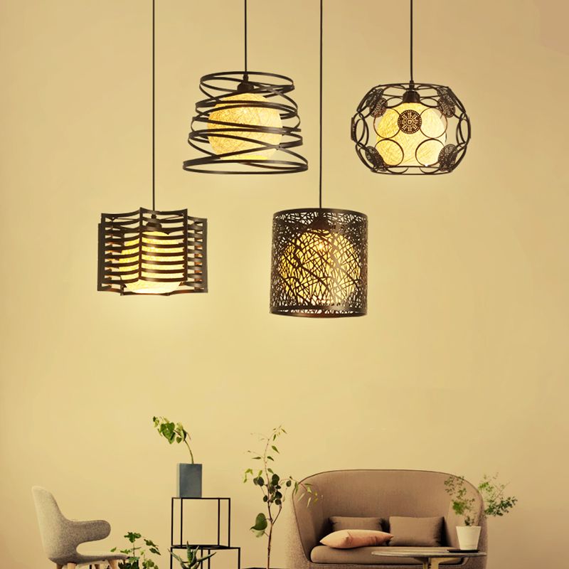 1 Head Cage Suspended Lighting Fixture Retro Metal Black Pendant Lamp for Restaurant