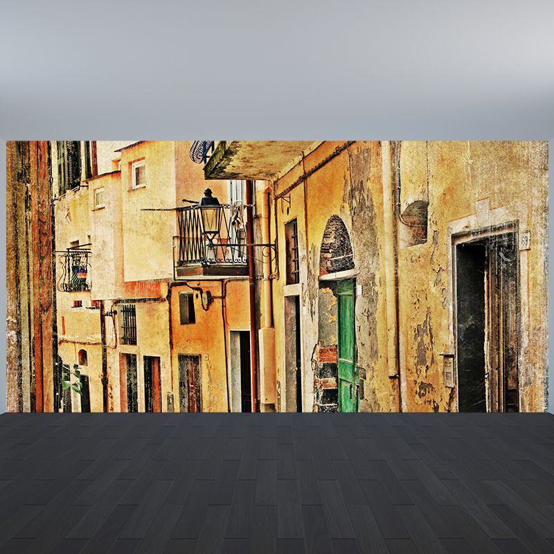 Tranquility Town Mural Wallpaper Yellow Contemporary Wall Covering for Living Room