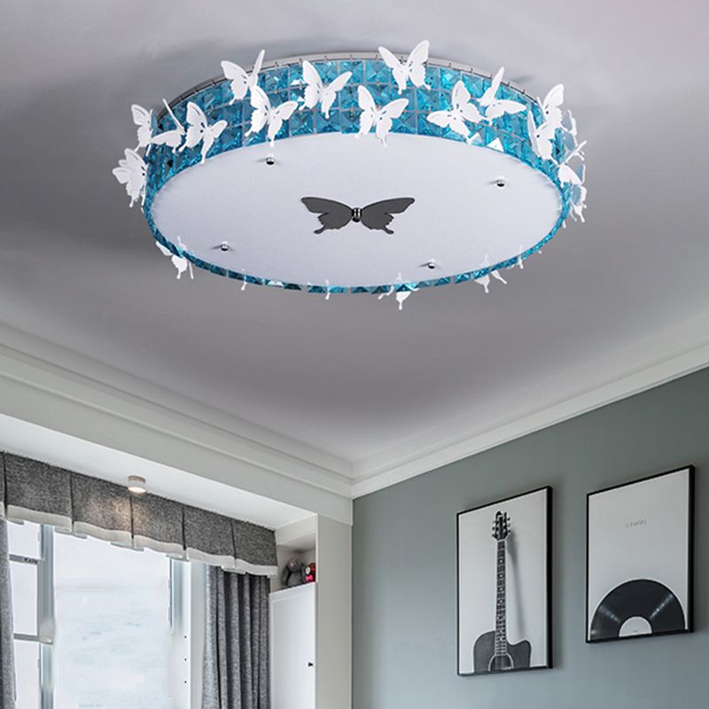 Drum LED Flushmount Lighting Modern Clear/Amber/Lake Blue Crystal Bedroom Ceiling Mounted Fixture with Butterfly Decor, 19.5"/25.5" Wide