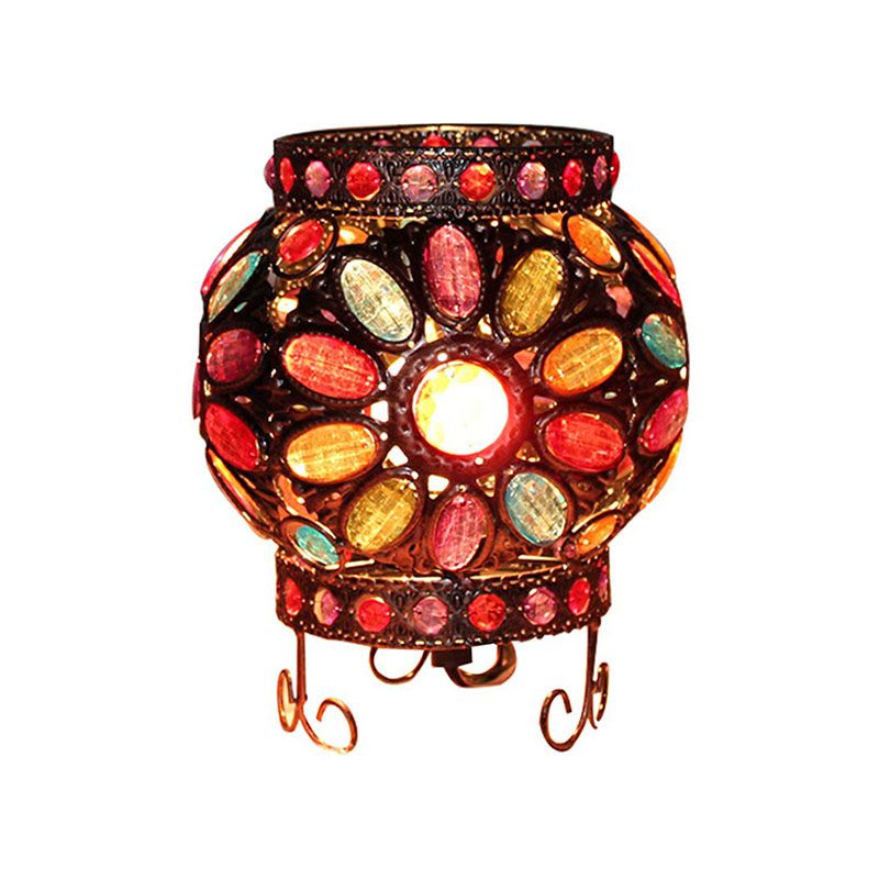 Oblate ijzeren tafelverlichting traditionele 1-licht slaapkamer nachtkastje lamp met acrylkraal in brons