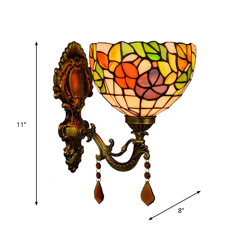 Leaf-Pattern Bowl Stained Glass Wall Lamp Tiffany 1 Head Orange/Purple/Red Wall Mounted Fixture