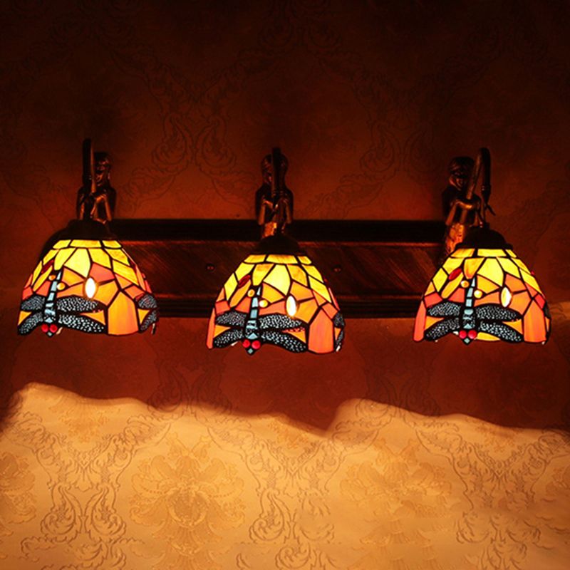 Dome Stained Glass Sconce Light Baroque 3 Heads Antique Bronze Wall Light Fixture