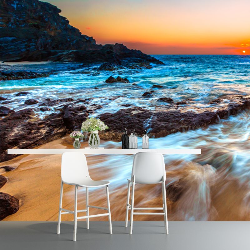 Rock and Sunset Seascapes Mural Yellow-Blue Modern Style Wall Decor for Living Room