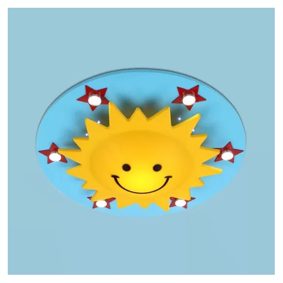 Cartoon Smiling Sun Flush Ceiling Light Wood Ceiling Mount Light in Yellow for Game Room
