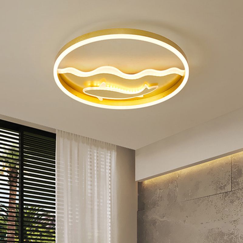 Kids Style Super Thin Flush Ceiling Light Acrylic Bedroom LED Flush-Mount Light Fixture with Fish/Apple Pattern in Gold