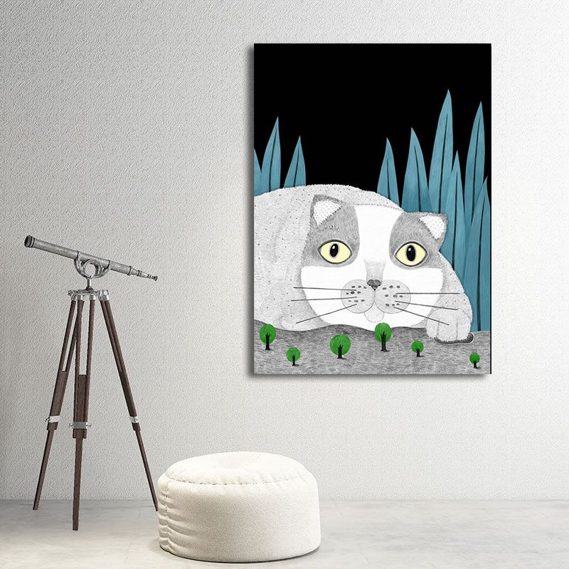 Cartoon Cat and Leave Wrapped Canvas Grey Nursery Wall Art Decor, Multiple Sizes