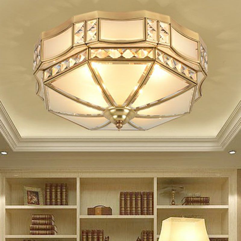 Classic Octagonal Ceiling Lighting Semi-Opaque Glass Flush Light Fixture with Crystal Accent in Brass