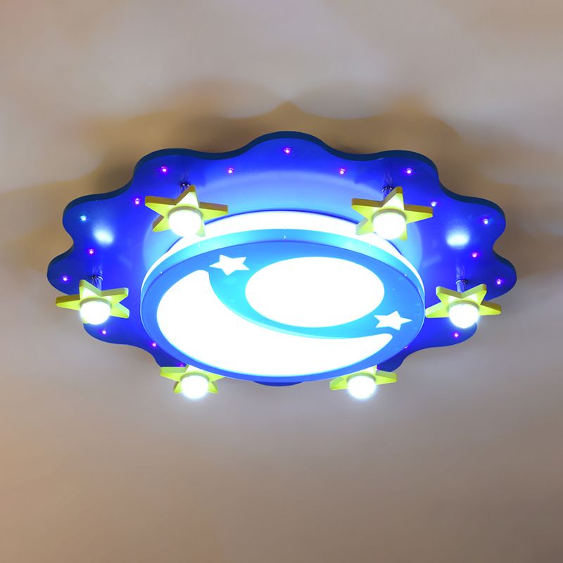 Acrylic Moon and Star Flushmount Light Kids Blue LED Flush Mount Ceiling Light for Bedroom