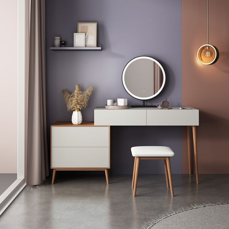 Contemporary Vanity Table and Stool Set With Mirror, Wood Makeup Vanity Set