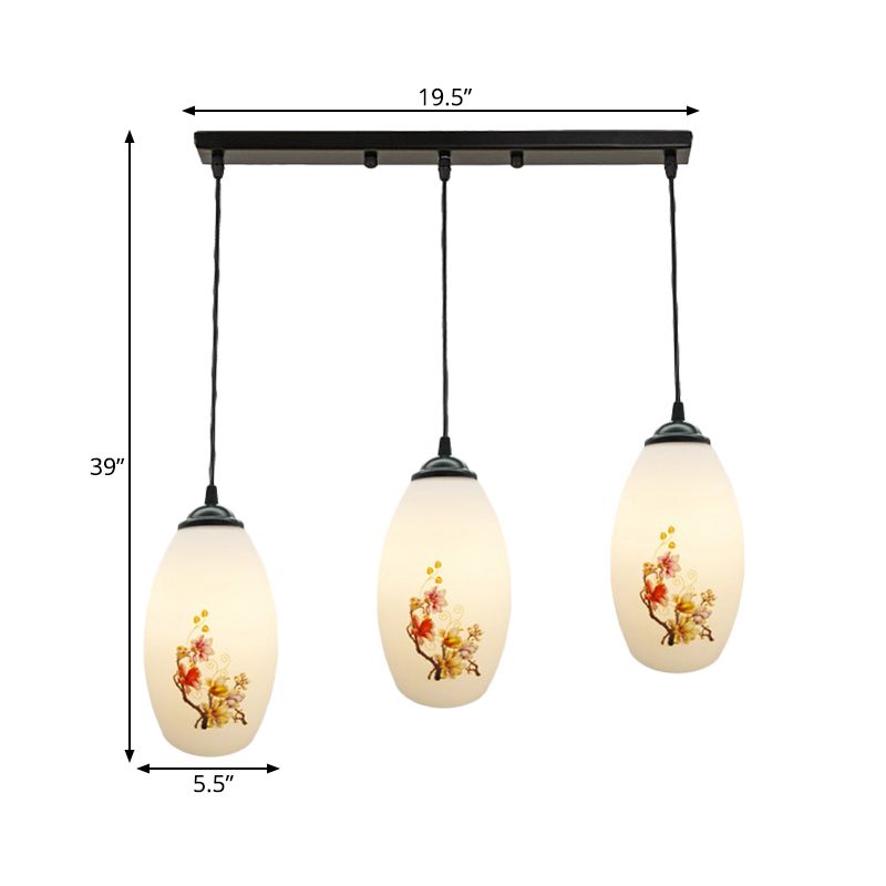 3 Bulbs Multiple Hanging Light Modern Oblong Frosted White Glass Linear/Round Canopy Pendulum Lamp with Flower Pattern