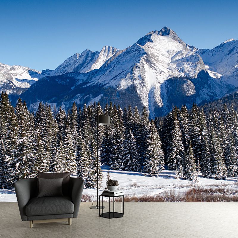 Winter Mountain Pine Trees Mural Modern Style Non-Woven Wall Decor in Blue-White