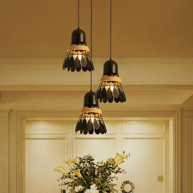 Badminton Dining Room Cluster Pendant Art Deco Iron 3 Heads Black/White Drop Lamp with Rope and Round/Linear Canopy