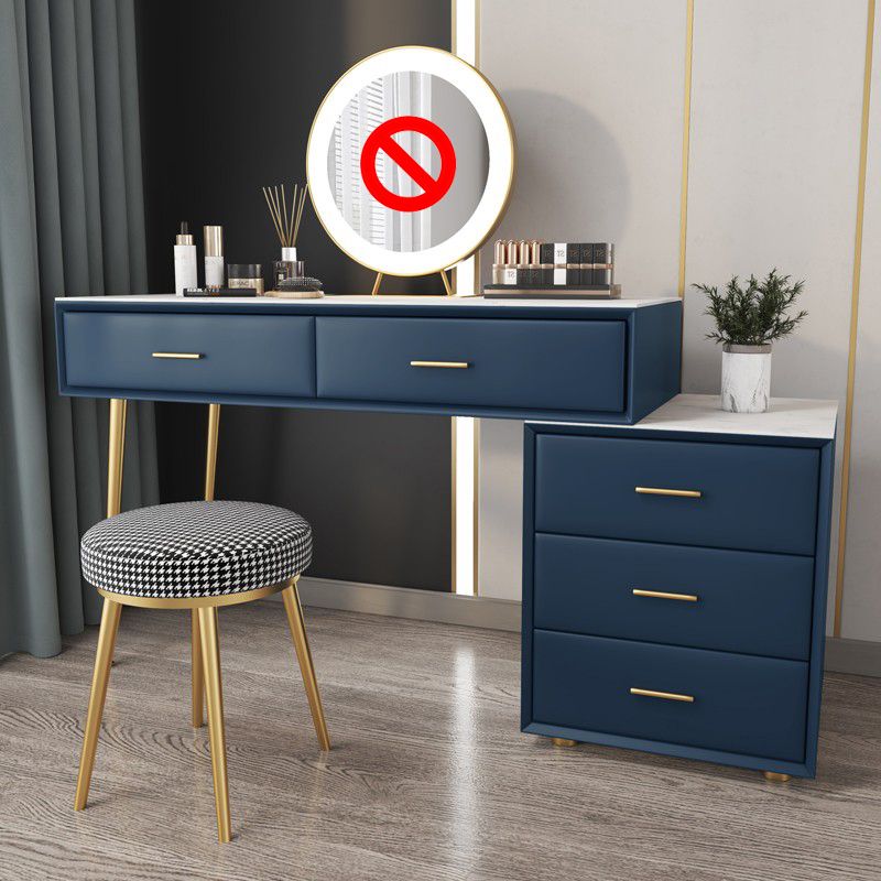 Genuine Leather Vanity Set 5 Storage Drawers Dressing Table with Padded Stool