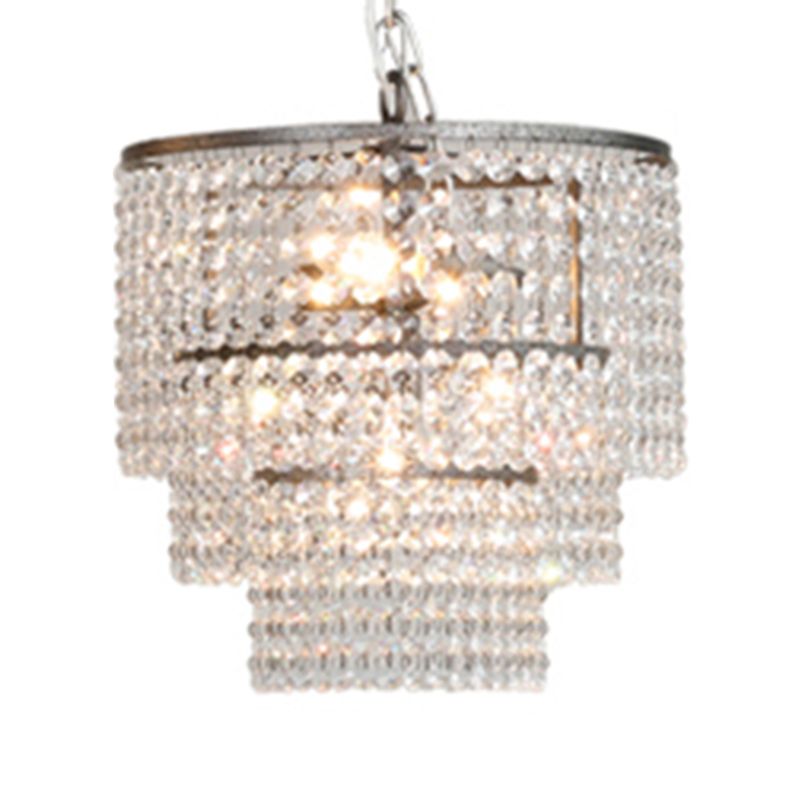 Chrome Tiered Round Chandelier Pendant Rustic Crystal Strand Living Room Hanging Light