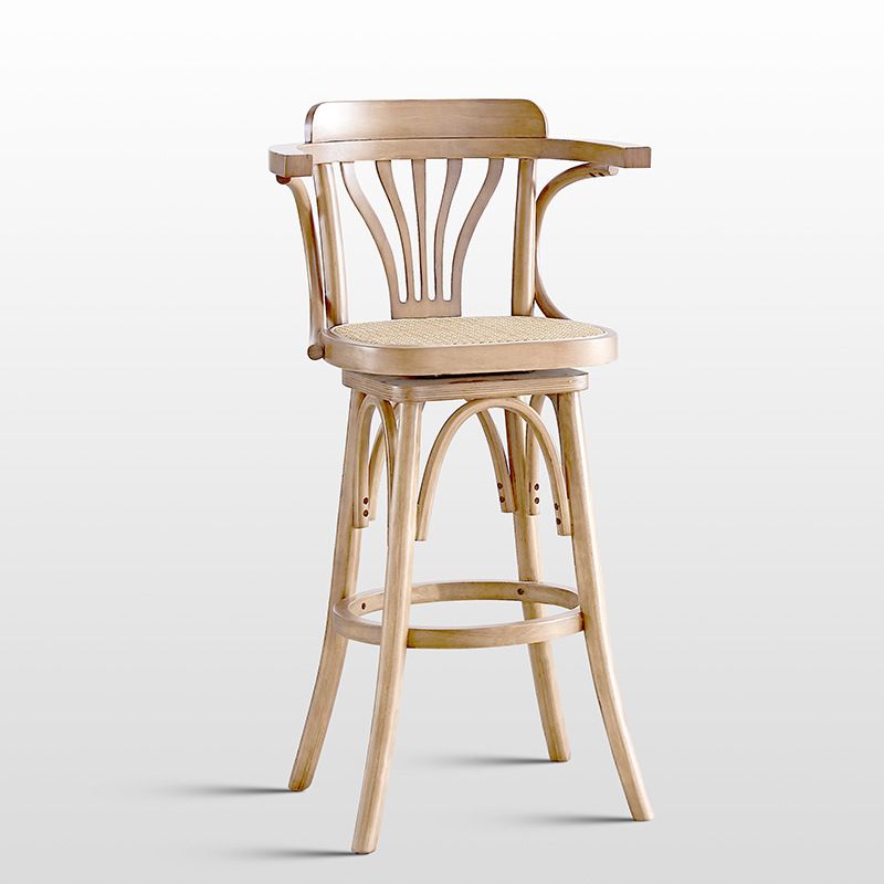 Modern Rattan Armed Stool Low Back Wood Stool with Swivel for Restaurant