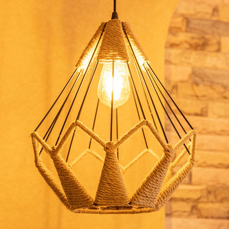 Pyramid Cage Rope Pendant Lighting Industrial Coffee Shop Hanging Pendant Light in Beige