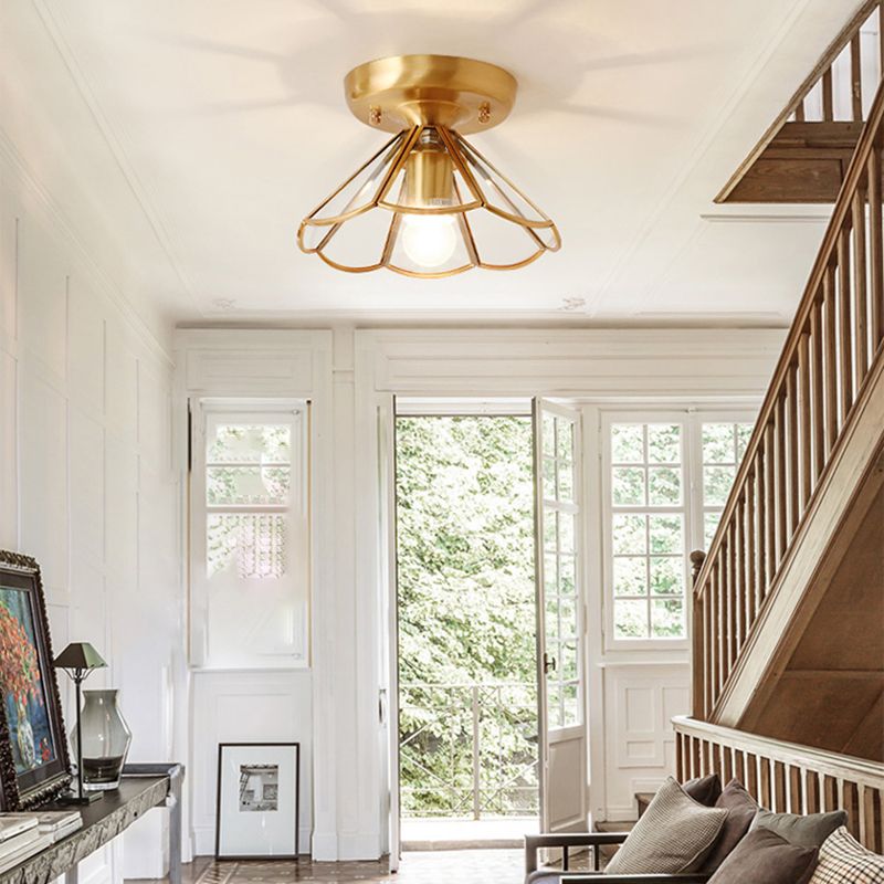 Colonial Tapered Flush Light Glass 1 Light Flush Mount Ceiling Fixture in Gold