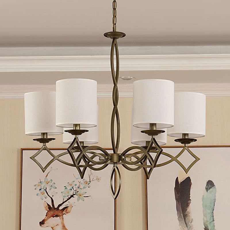 6-Light Chandelier Lamp Rural Style Drum Shade Fabric Pendant Light Fixture in White/Beige/Green with Metal Twisted Arm