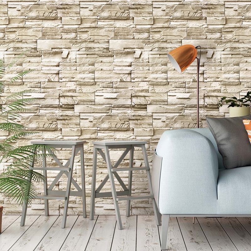 Rustic Brick Rock Wallpaper Roll PVC Self Sticking Light Brown Wall Covering for Bedroom