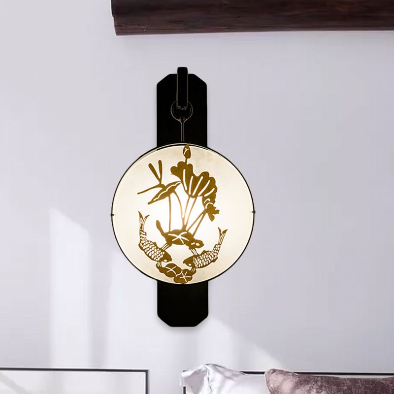 Carpe et lotus feuilles murales applique légère tissu chinois 1-Light Bedroom Wall Lampe en noir-or