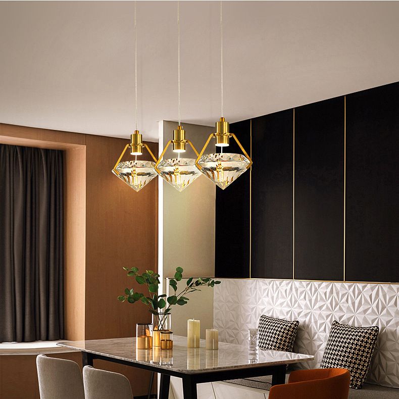 Modern Luxury LED Pendant Light Electroplate Metal Geometric Hanging Lamp with Crystal Shade