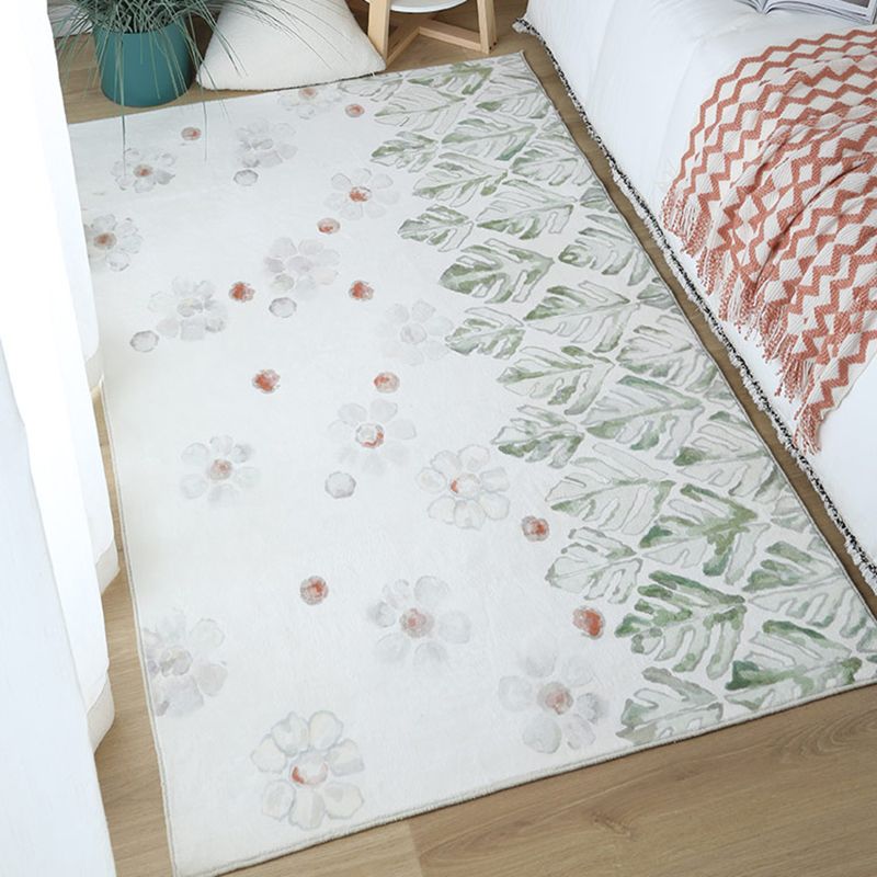 White Floral Print Area Rug Modern Polyester Area Carpet Non-Slip Backing Rug for Living Room