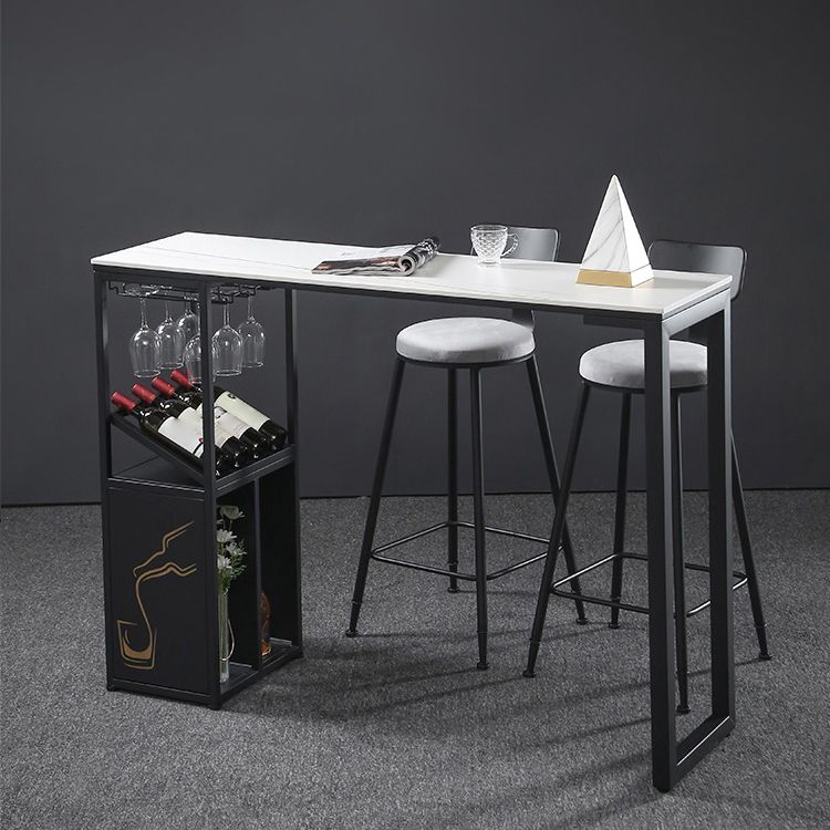 Industrial Rectangle Pub Table White Sintered Stone Bar Height Cocktail Table with Shelves