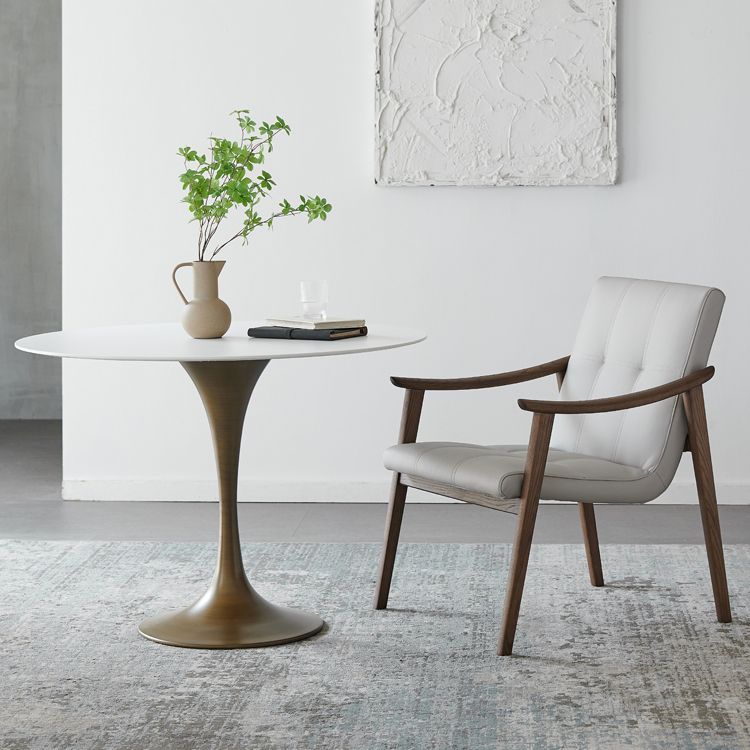 Nordic Style Solid Wood Faux Leather Arm Dining Chair in Brown for Home