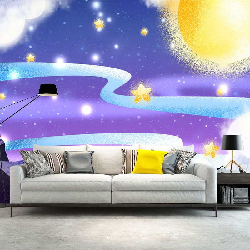Fantasy Starry Moon Night Mural Wallpaper for Child Room, Purple-Yellow, Made to Measure