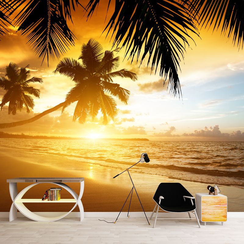 Tropical Sunset at Beach Murals Brown Stain Resistant Wall Covering for Home Decor