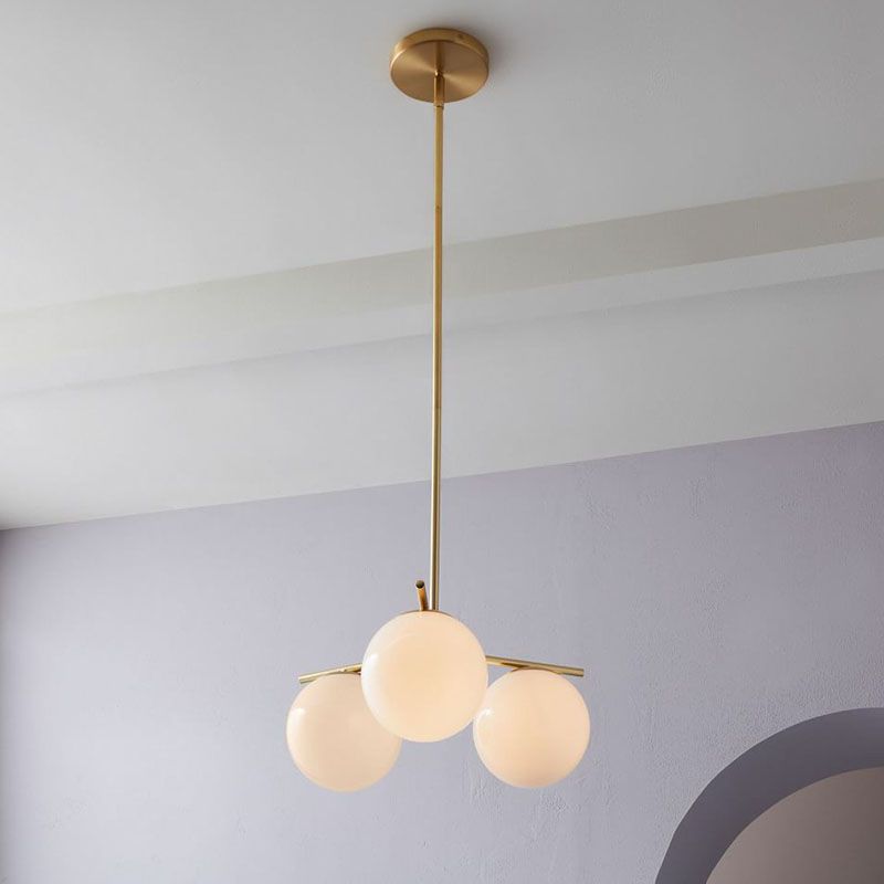 Minimalistic 3 Heads Chandelier Gold Ball Suspension Light with Cream Glass Shade