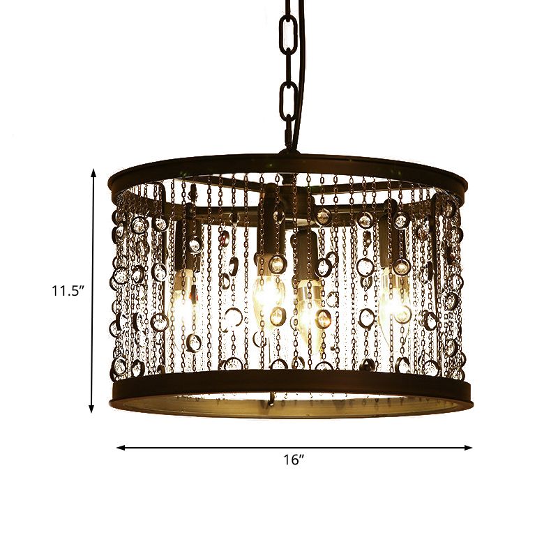 Metal Black Pendant Lamp Drum 4 Lights Rustic Chandelier Light Fixture for Dining Room with Crystal Beaded Strands