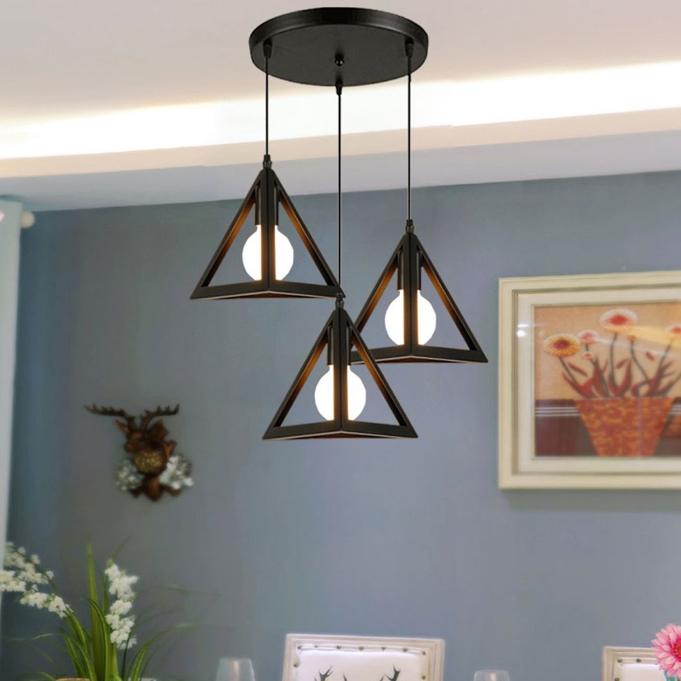 3 Heads Hanging Lamp Retro Industrial Triangle Metallic Pendant Lighting with Wire Guard and Linear/Round Canopy in Black/White